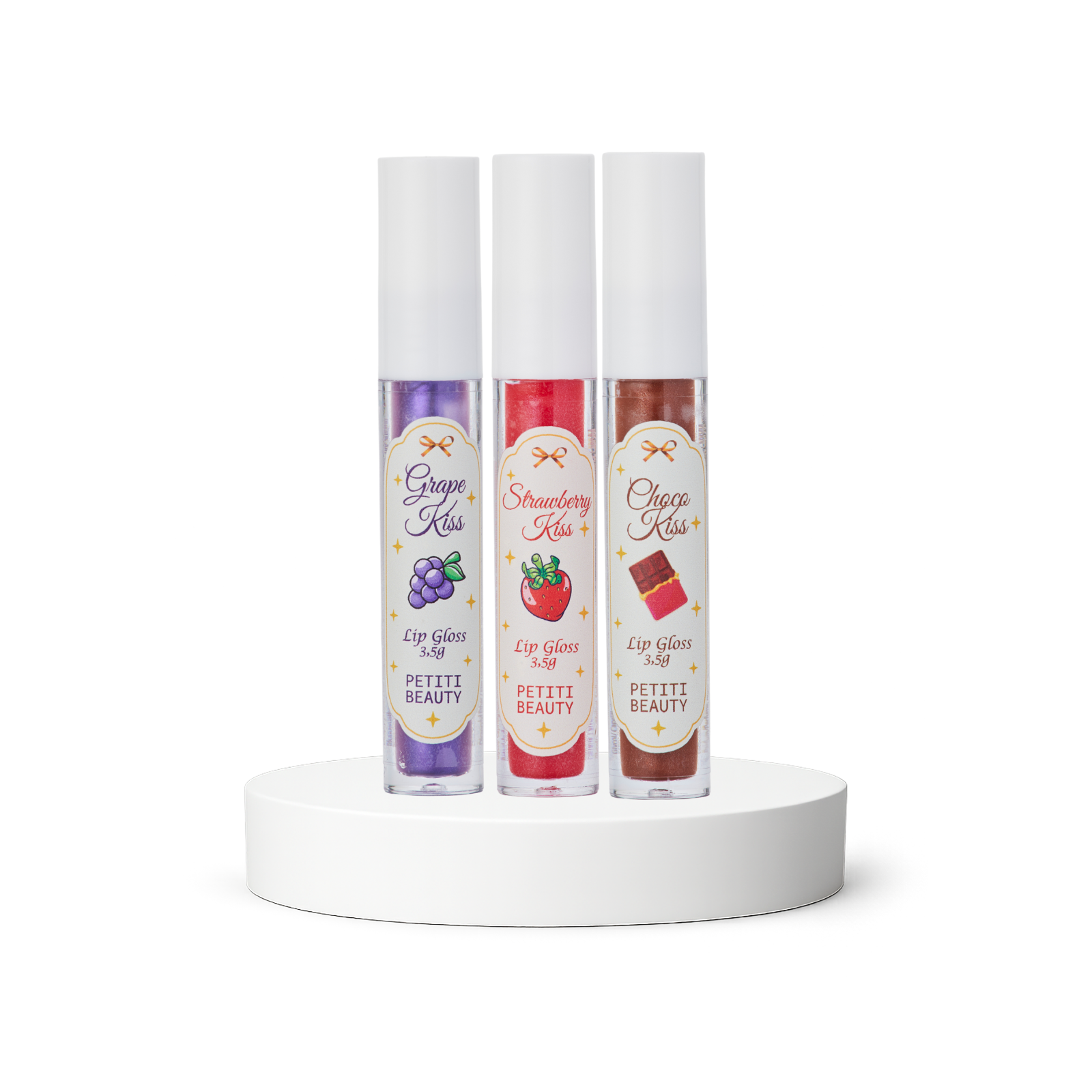 Kit 3 Lip Gloss Hidratante Morango + Uva + Chocolate