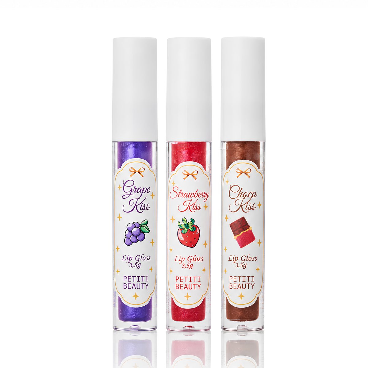 Kit Trio Lip Gloss Strawberry Kiss, Choco Kiss e Grape Kiss - Brilho e Hidratação 3,5 g cada