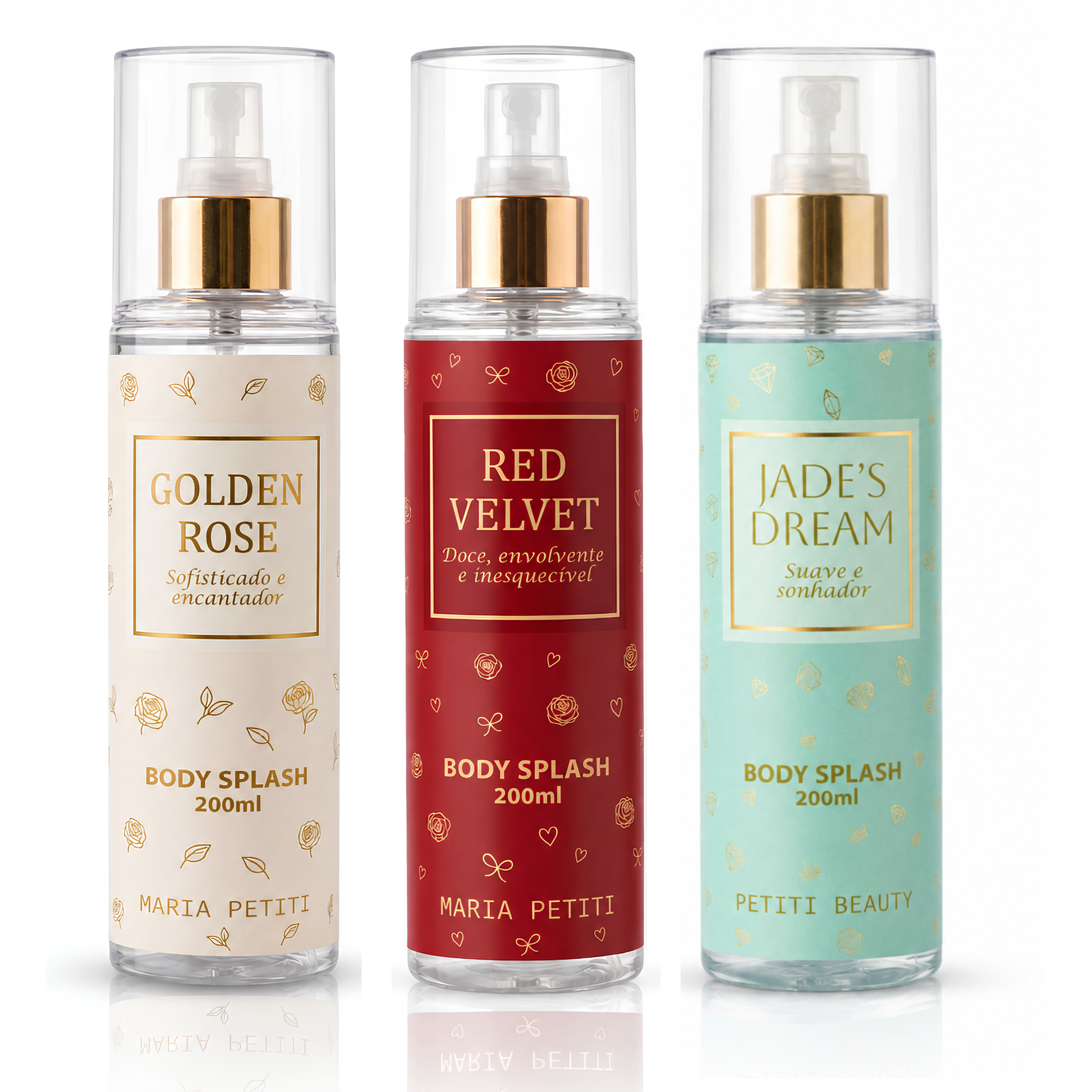 Kit Trio Body Splash Golden Rose + Jade's Dream + Red Velvet | 200 ml cada | Maria Petiti Beauty