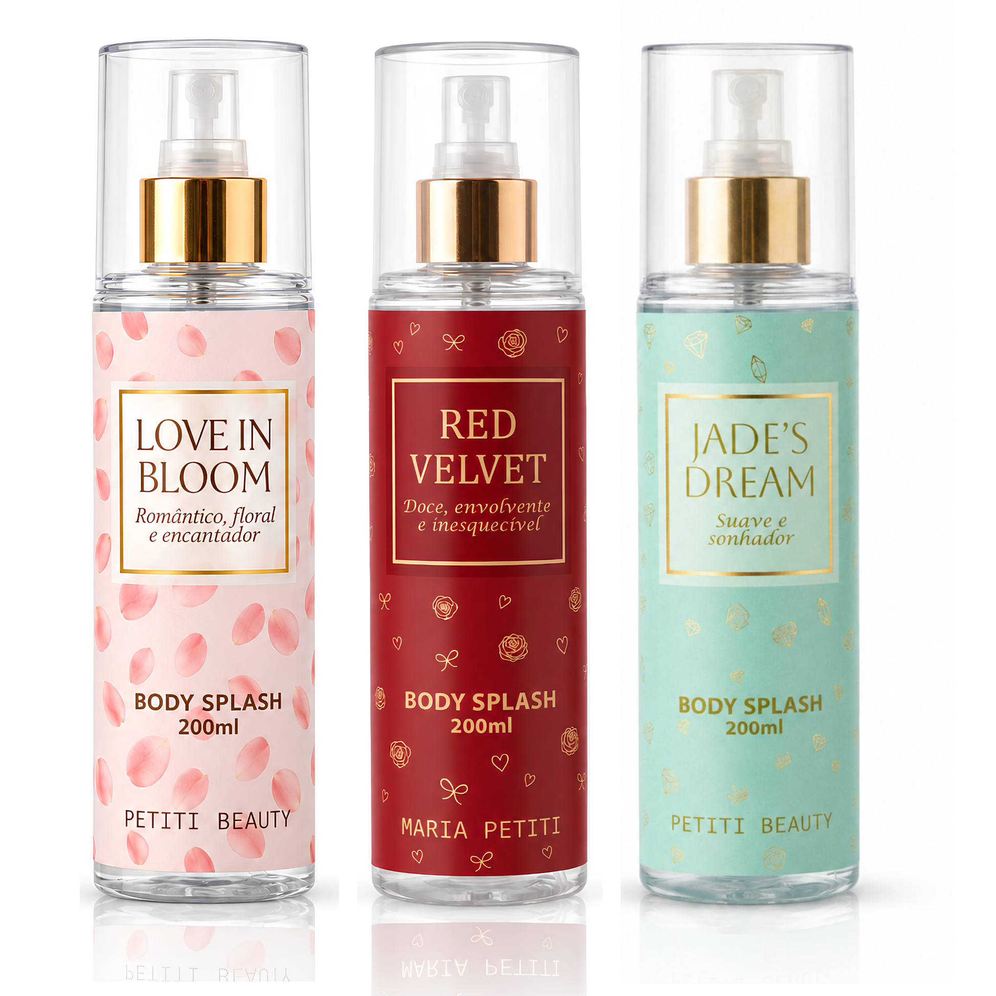 Kit Trio Body Splash Red Velvet + Jade's Dream + Love in Bloom | 200 ml cada | Maria Petiti Beauty