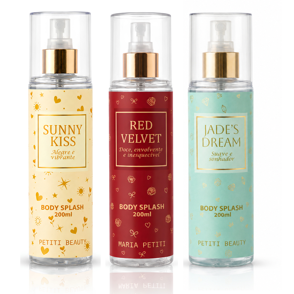 Kit Trio Body Splash Sunny Kiss + Jade's Dream + Red Velvet | 200 ml cada | Maria Petiti Beauty