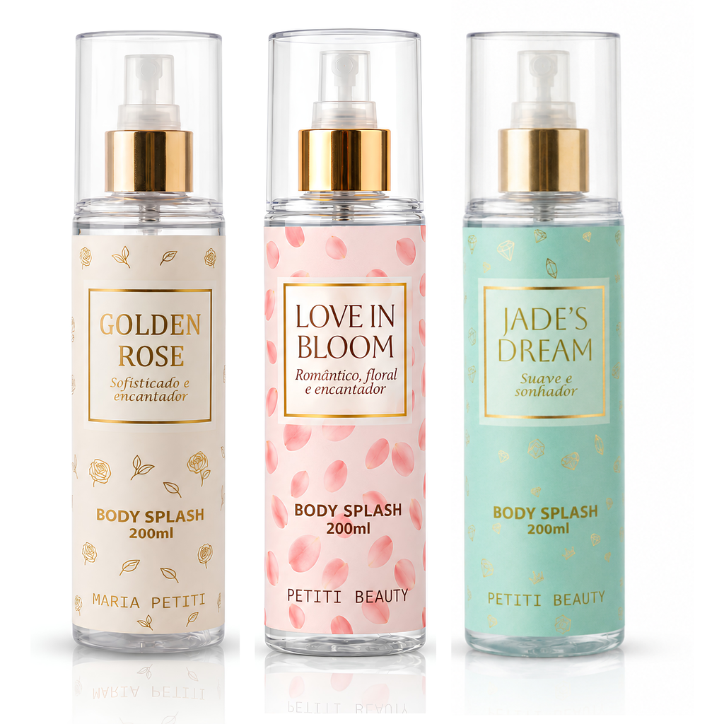 Kit Trio Body Splash Golden Rose + Jade's Dream + Love in Bloom | 200 ml cada | Maria Petiti Beauty