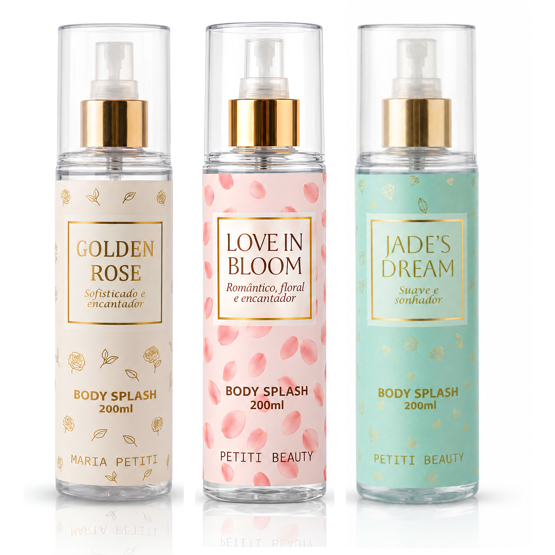 Kit Trio Body Splash Golden Rose + Jade's Dream + Love in Bloom | 200 ml cada | Maria Petiti Beauty