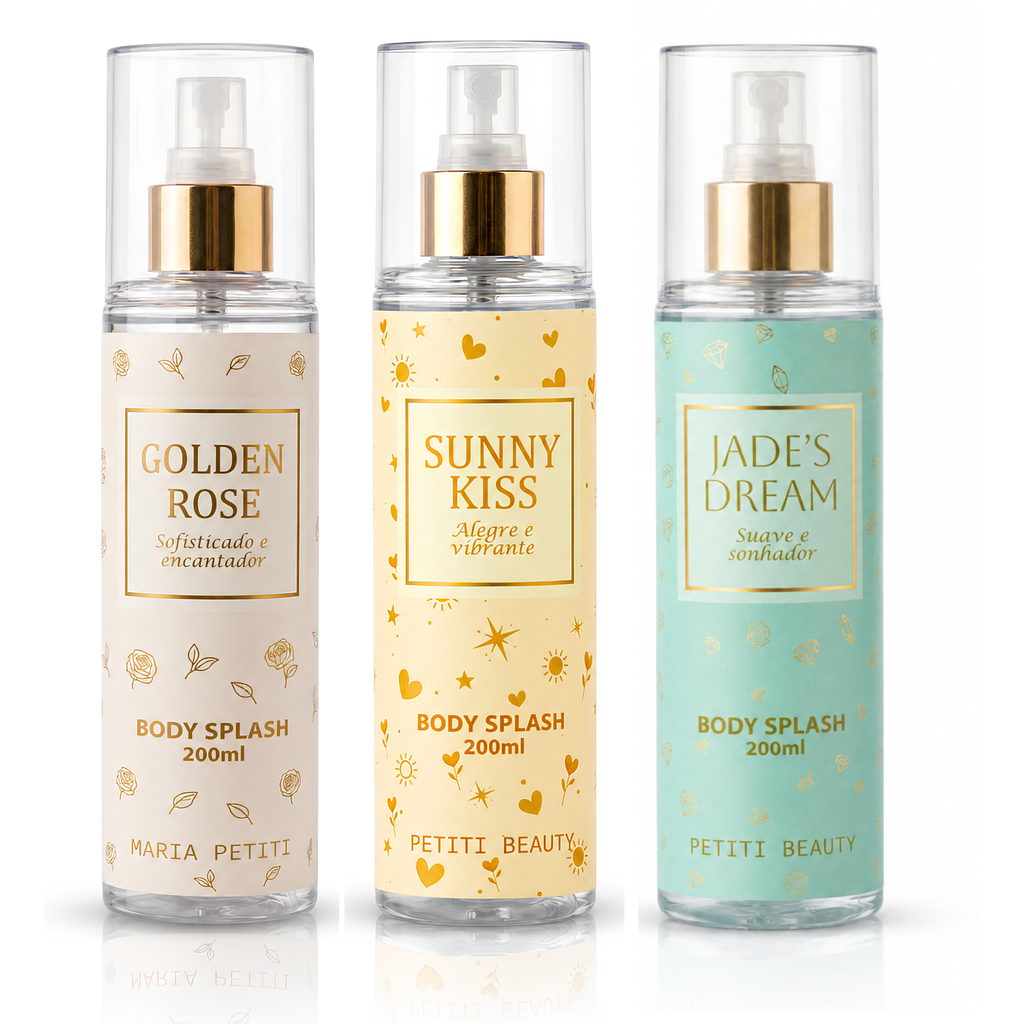 Kit Trio Body Splash Sunny Kiss + Jade's Dream + Golden Rose | 200 ml cada | Maria Petiti Beauty