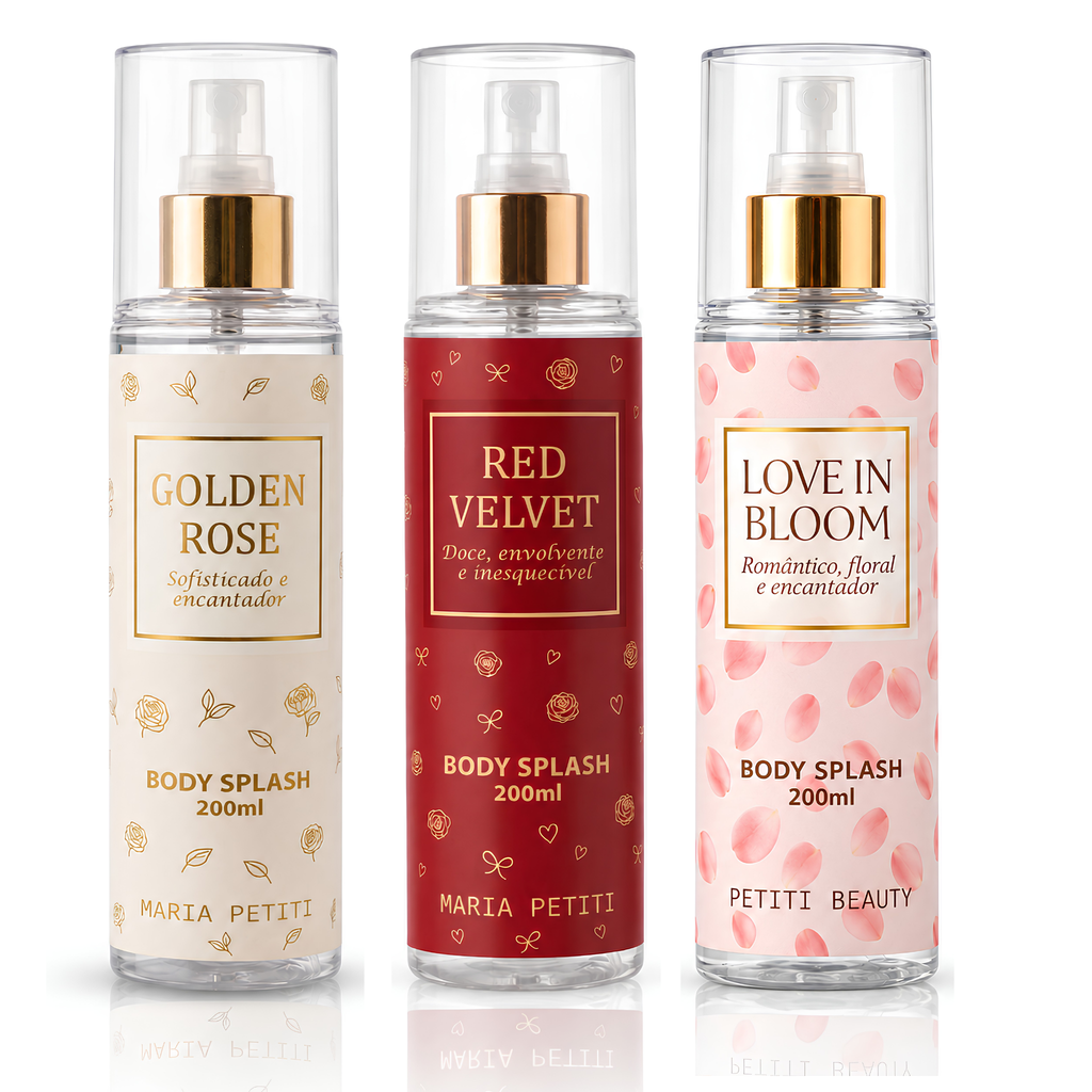 Kit Trio Body Splash Golden Rose + Red Velvet + Love in Bloom | 200 ml cada | Maria Petiti Beauty