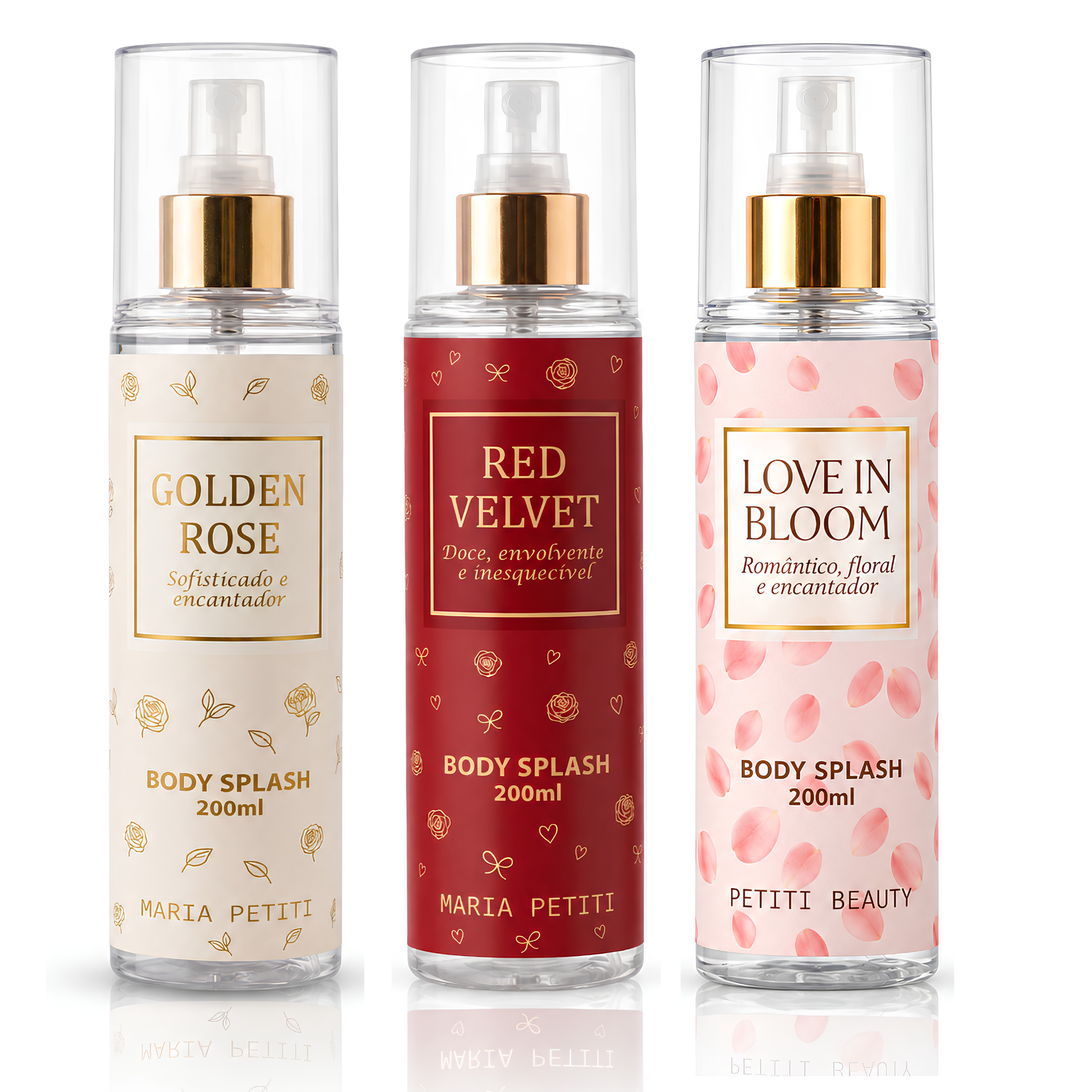 Kit Trio Body Splash Golden Rose + Red Velvet + Love in Bloom | 200 ml cada | Maria Petiti Beauty