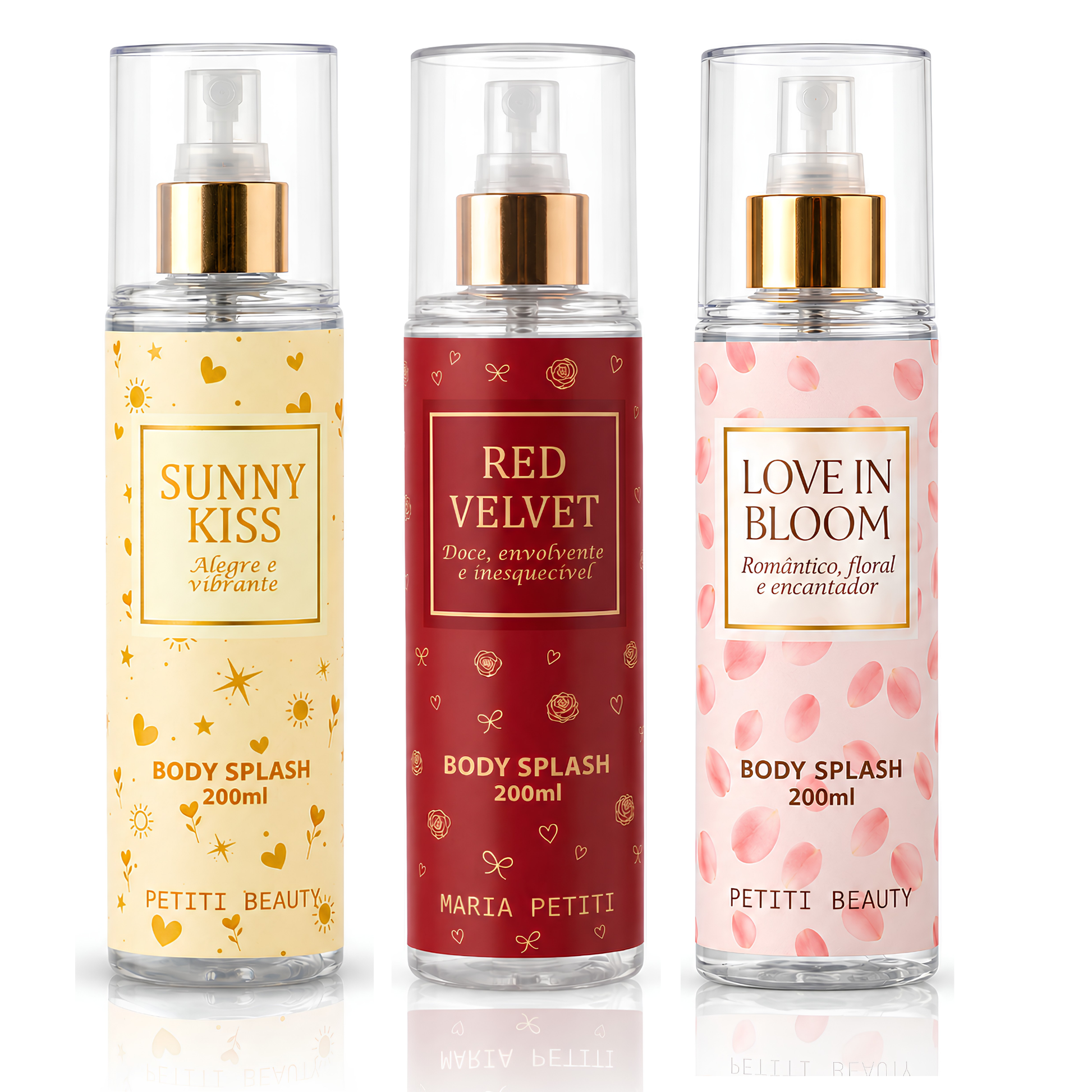 Kit Trio Body Splash Sunny Kiss + Red Velvet + Love in Bloom | 200 ml cada | Maria Petiti Beauty