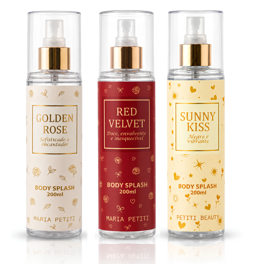 Kit Trio Body Splash Sunny Kiss + Golden Rose + Red Velvet | 200 ml cada | Maria Petiti Beauty