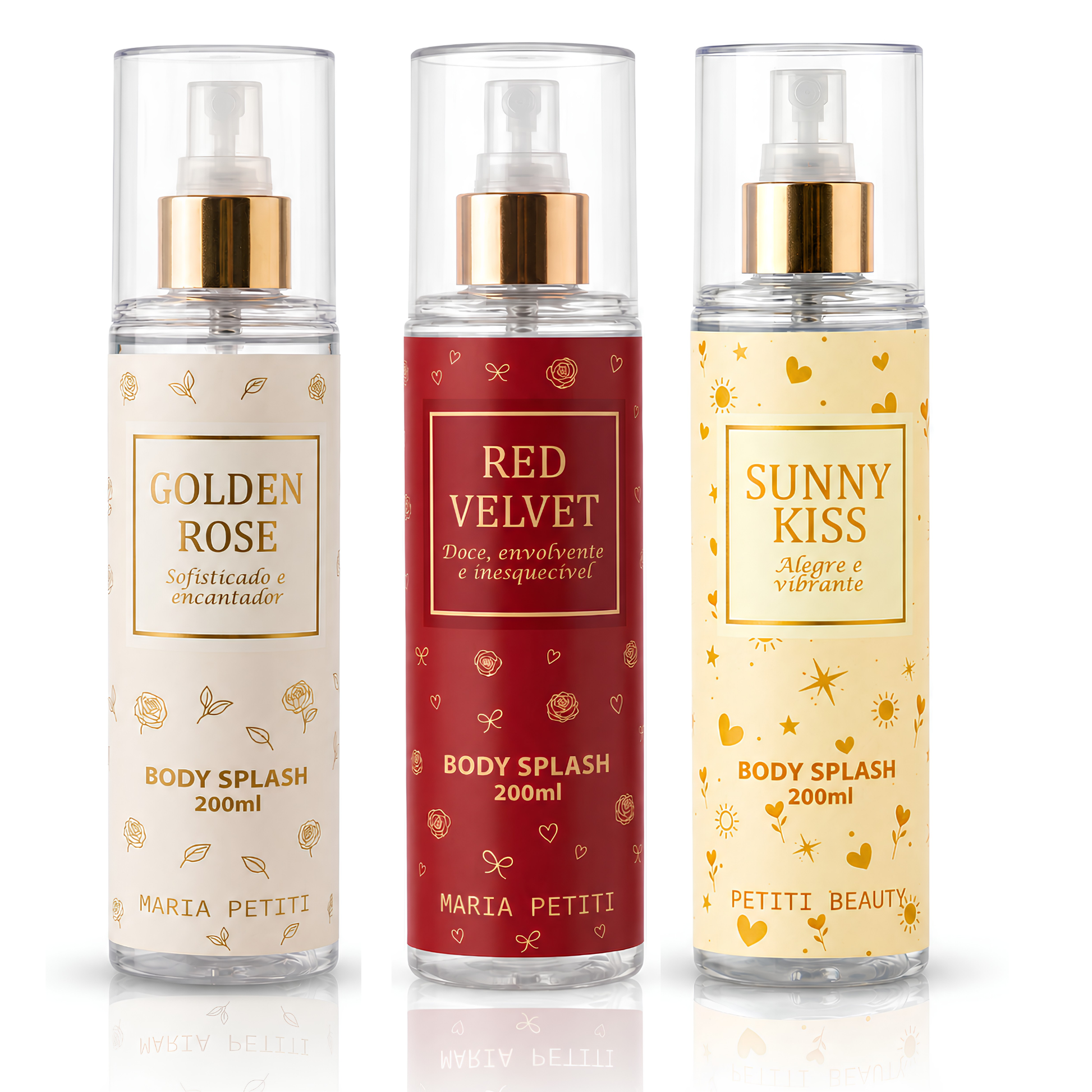 Kit Trio Body Splash Sunny Kiss + Golden Rose + Red Velvet | 200 ml cada | Maria Petiti Beauty